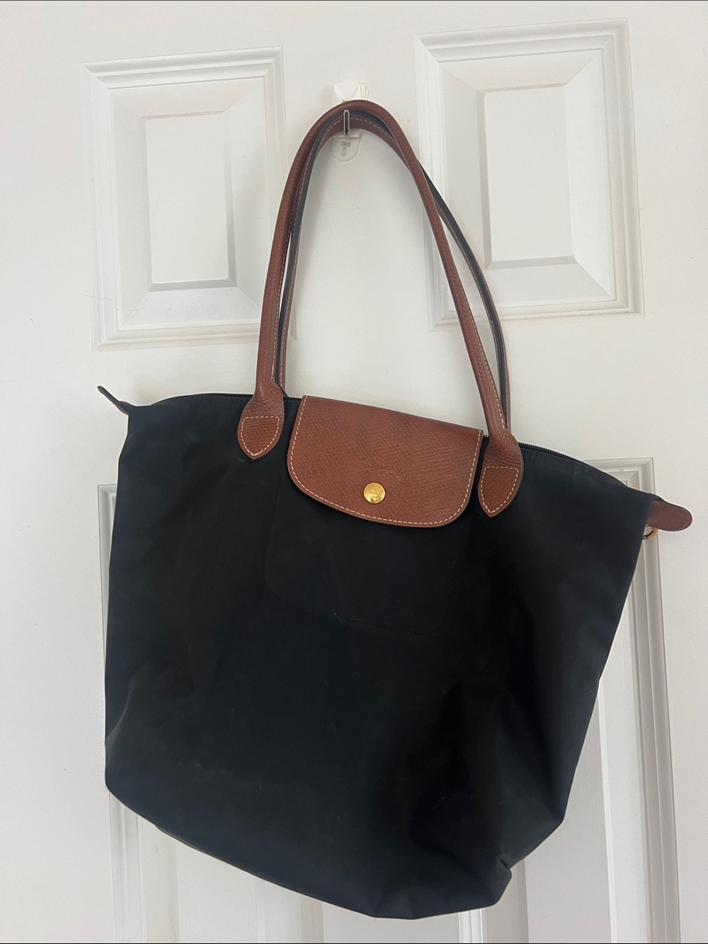 Longchamp Black Tote with Brown Leather Trim Like new